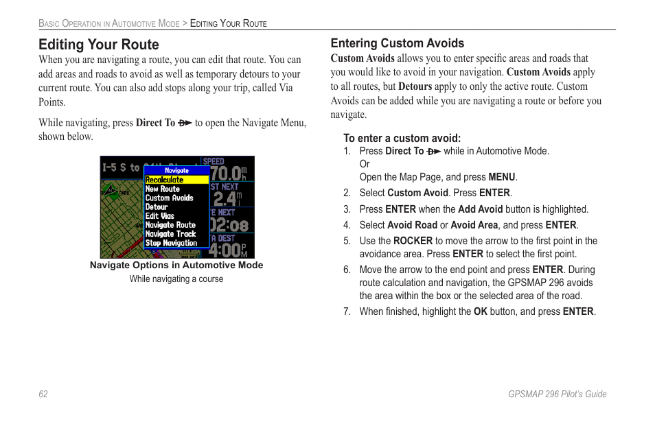 Editing your route, Entering custom avoids | Garmin GPSMAP 296 User Manual | Page 70 / 168