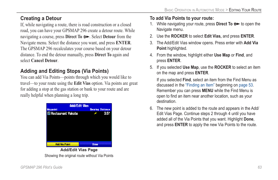 Creating a detour, Adding and editing stops (via points) | Garmin GPSMAP 296 User Manual | Page 71 / 168