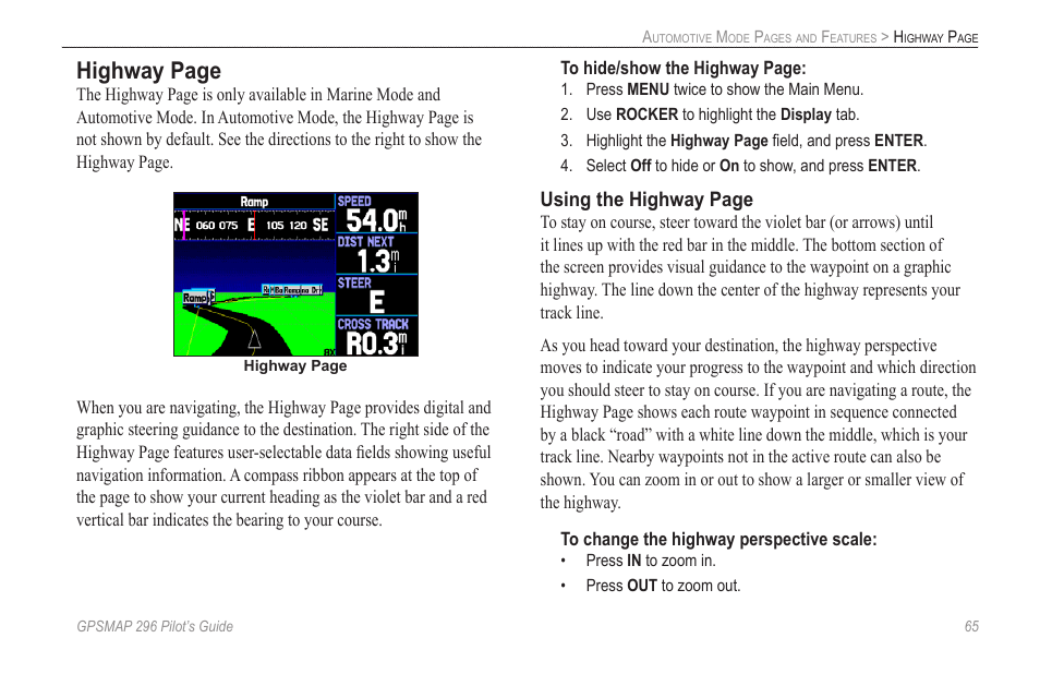 Highway page, Using the highway page | Garmin GPSMAP 296 User Manual | Page 73 / 168