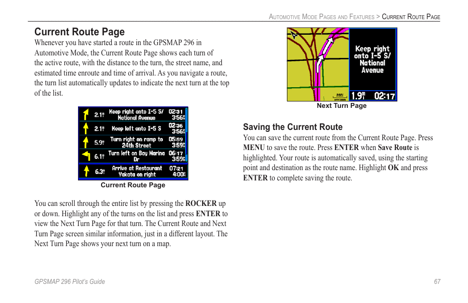 Current route page, Saving the current route | Garmin GPSMAP 296 User Manual | Page 75 / 168