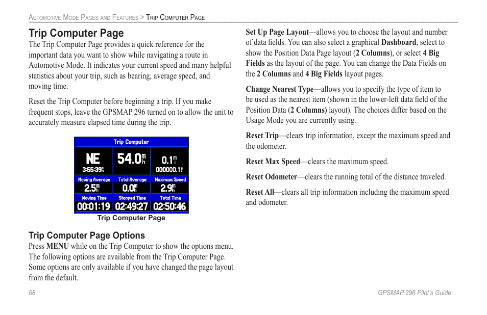 Trip computer page, Trip computer page options | Garmin GPSMAP 296 User Manual | Page 76 / 168