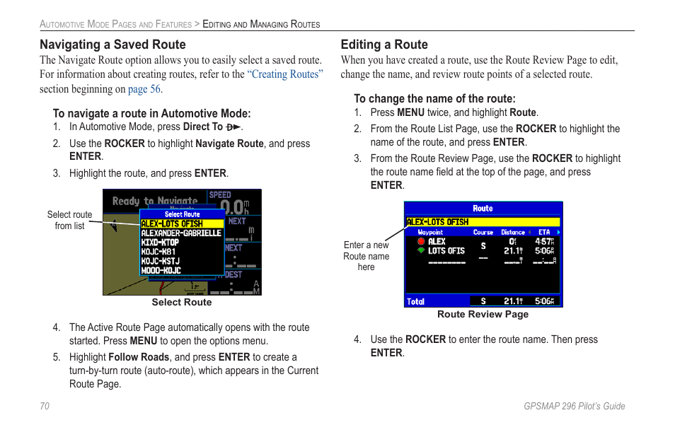 Navigating a saved route, Editing a route | Garmin GPSMAP 296 User Manual | Page 78 / 168