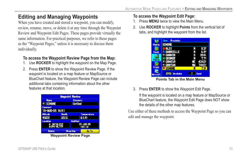 Editing and managing waypoints, Editing and, Managing waypoints | Section on | Garmin GPSMAP 296 User Manual | Page 81 / 168