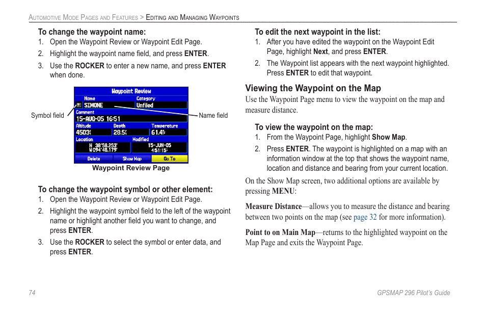 Viewing the waypoint on the map | Garmin GPSMAP 296 User Manual | Page 82 / 168