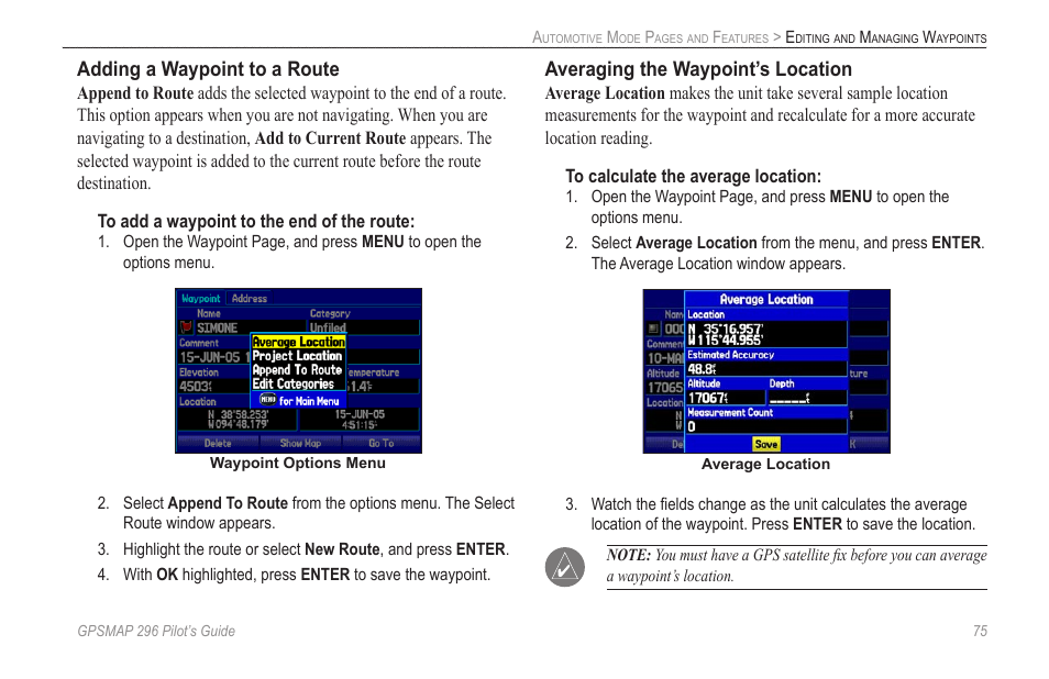 Adding a waypoint to a route, Averaging the waypoint’s location | Garmin GPSMAP 296 User Manual | Page 83 / 168