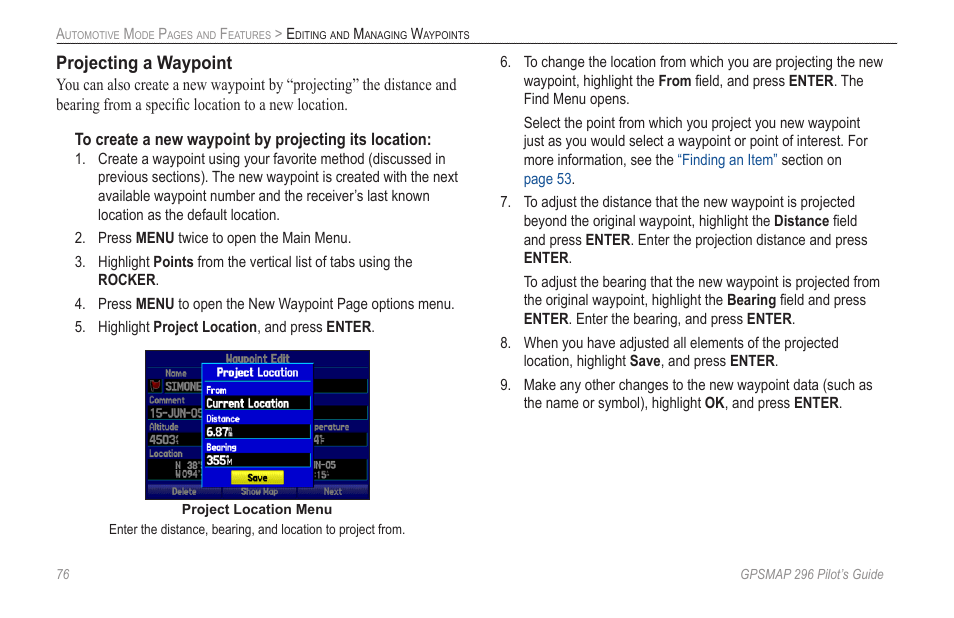 Projecting a waypoint | Garmin GPSMAP 296 User Manual | Page 84 / 168