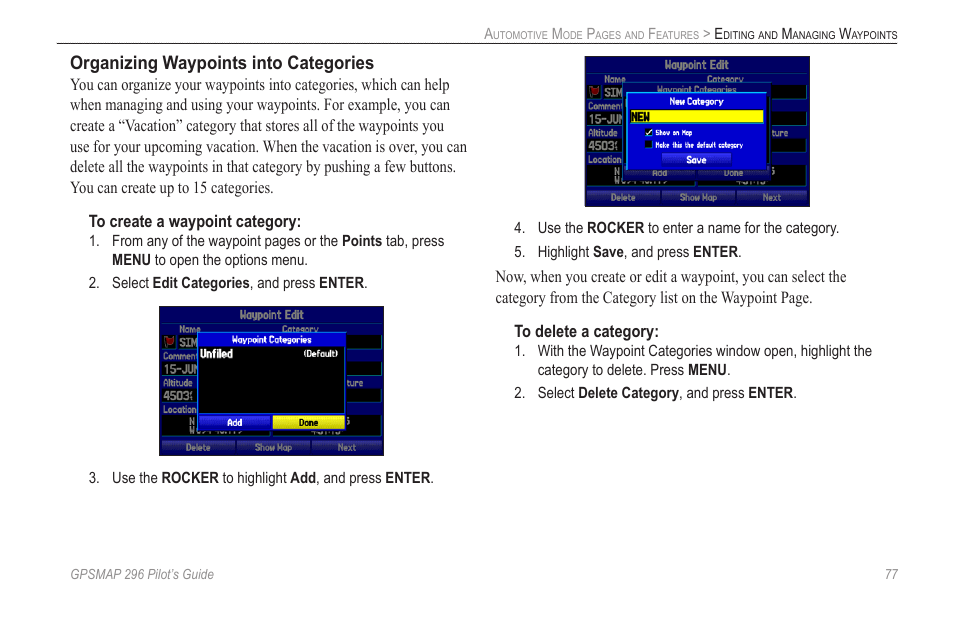 Organizing waypoints into categories | Garmin GPSMAP 296 User Manual | Page 85 / 168