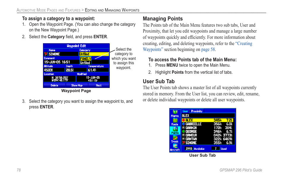 Managing points, User sub tab | Garmin GPSMAP 296 User Manual | Page 86 / 168