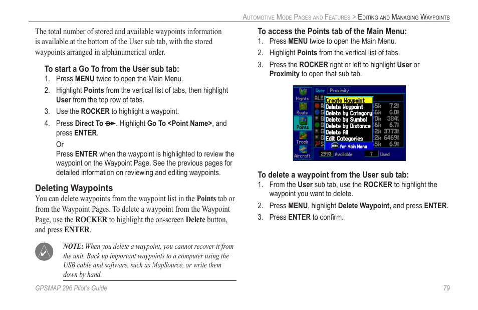 Deleting waypoints | Garmin GPSMAP 296 User Manual | Page 87 / 168