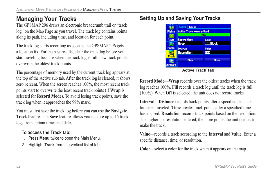 Managing your tracks, Setting up and saving your tracks | Garmin GPSMAP 296 User Manual | Page 90 / 168