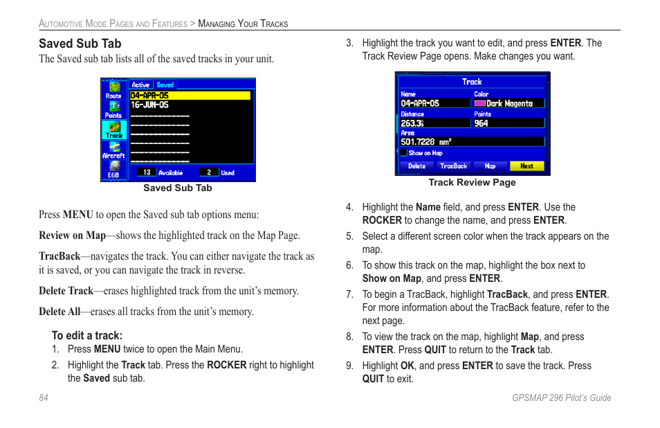 Saved sub tab | Garmin GPSMAP 296 User Manual | Page 92 / 168