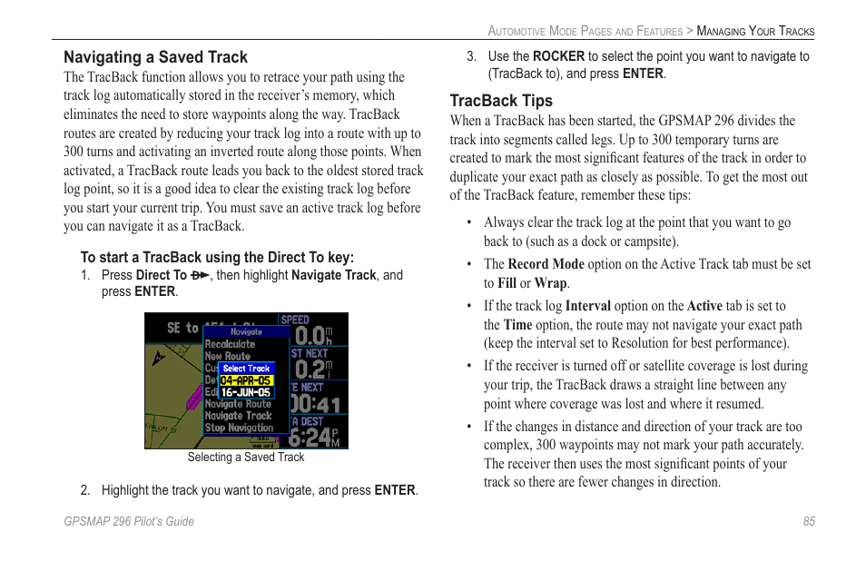 Navigating a saved track, Tracback tips | Garmin GPSMAP 296 User Manual | Page 93 / 168