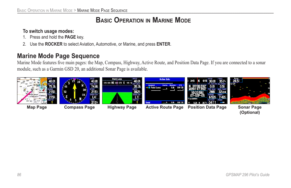 Basic operation in marine mode, Marine mode page sequence | Garmin GPSMAP 296 User Manual | Page 94 / 168