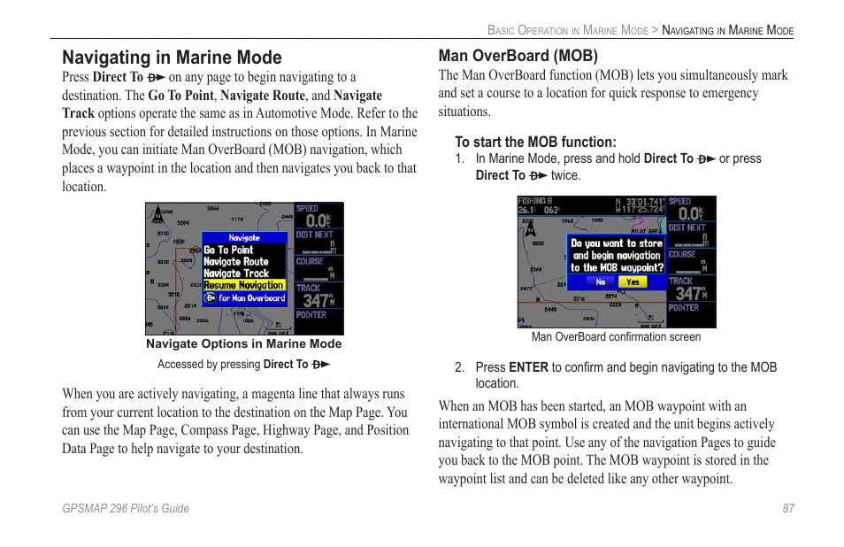 Navigating in marine mode, Man overboard (mob) | Garmin GPSMAP 296 User Manual | Page 95 / 168