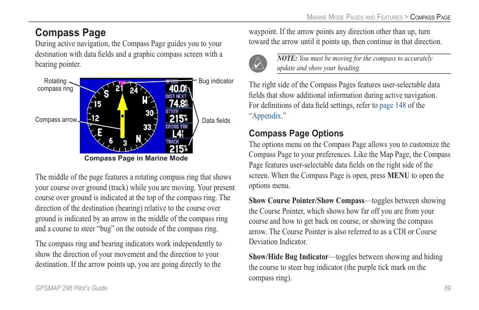 Compass page, Compass page options | Garmin GPSMAP 296 User Manual | Page 97 / 168