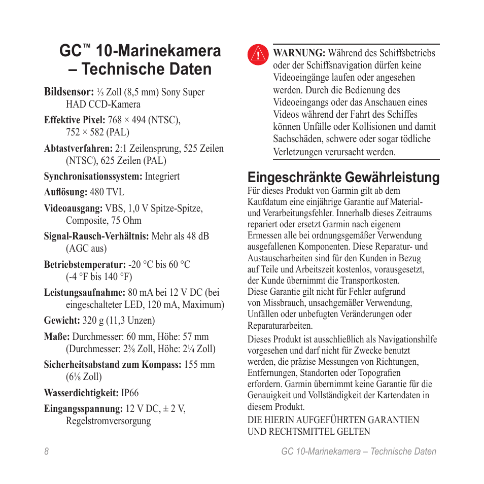 Marinekamera – technische daten, Eingeschränkte gewährleistung | Garmin GC 10 User Manual | Page 10 / 20