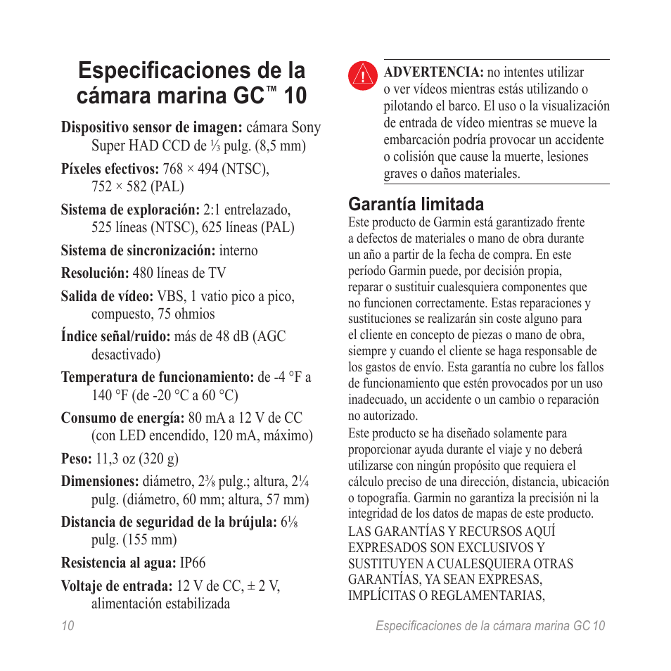 Especificaciones de la cámara marina gc, Garantía limitada | Garmin GC 10 User Manual | Page 12 / 20