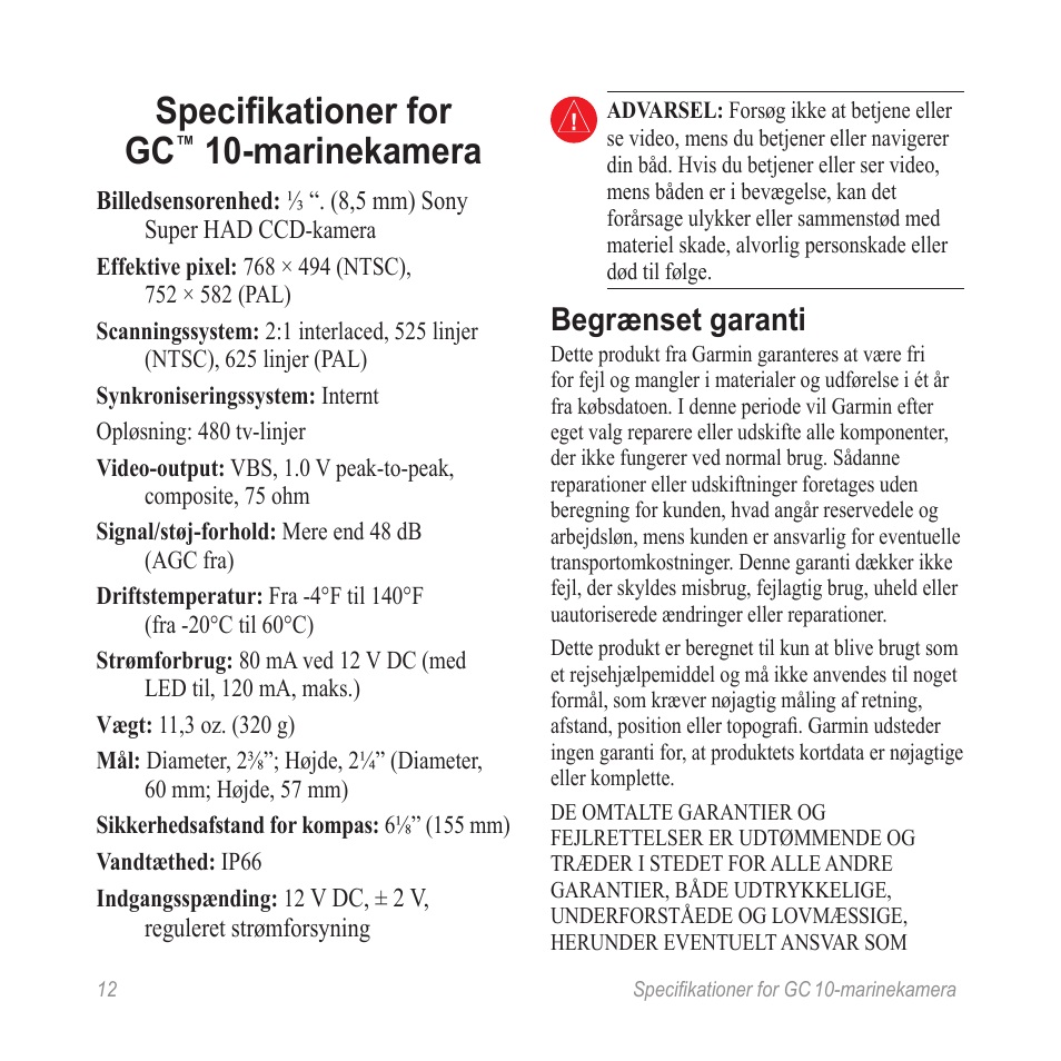 Specifikationer for gc, Marinekamera, Begrænset garanti | Garmin GC 10 User Manual | Page 14 / 20