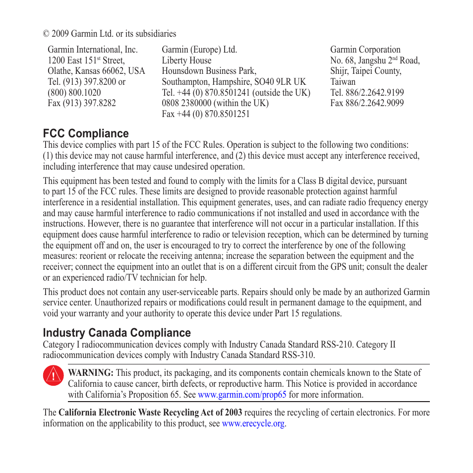 Fcc compliance, Industry canada compliance | Garmin GC 10 User Manual | Page 2 / 20