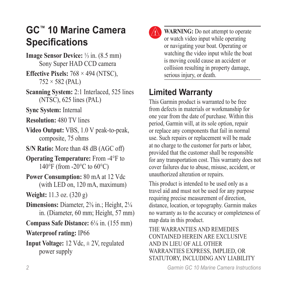 10 marine camera specifications, Limited warranty | Garmin GC 10 User Manual | Page 4 / 20