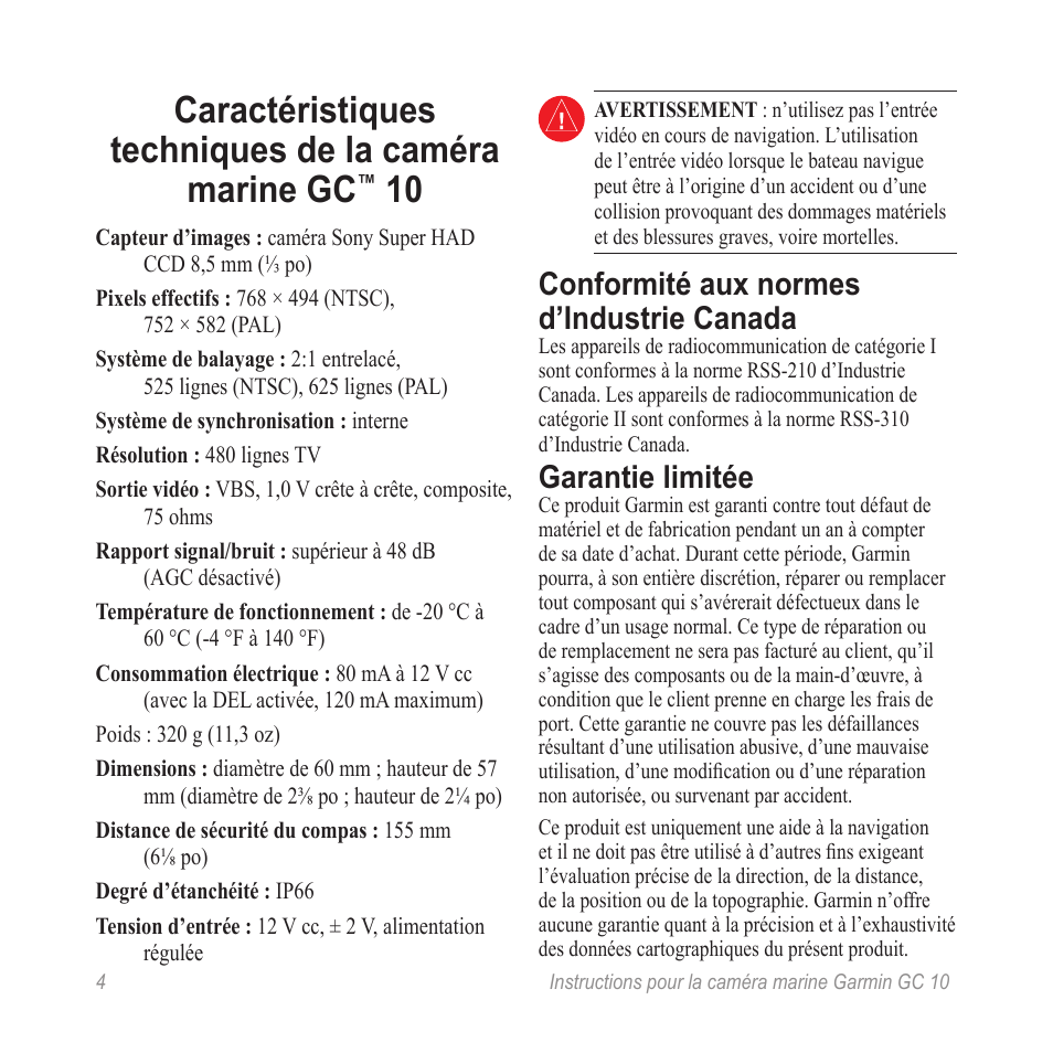 Caractéristiques techniques de la caméra marine gc, Conformité aux normes d’industrie canada, Garantie limitée | Garmin GC 10 User Manual | Page 6 / 20