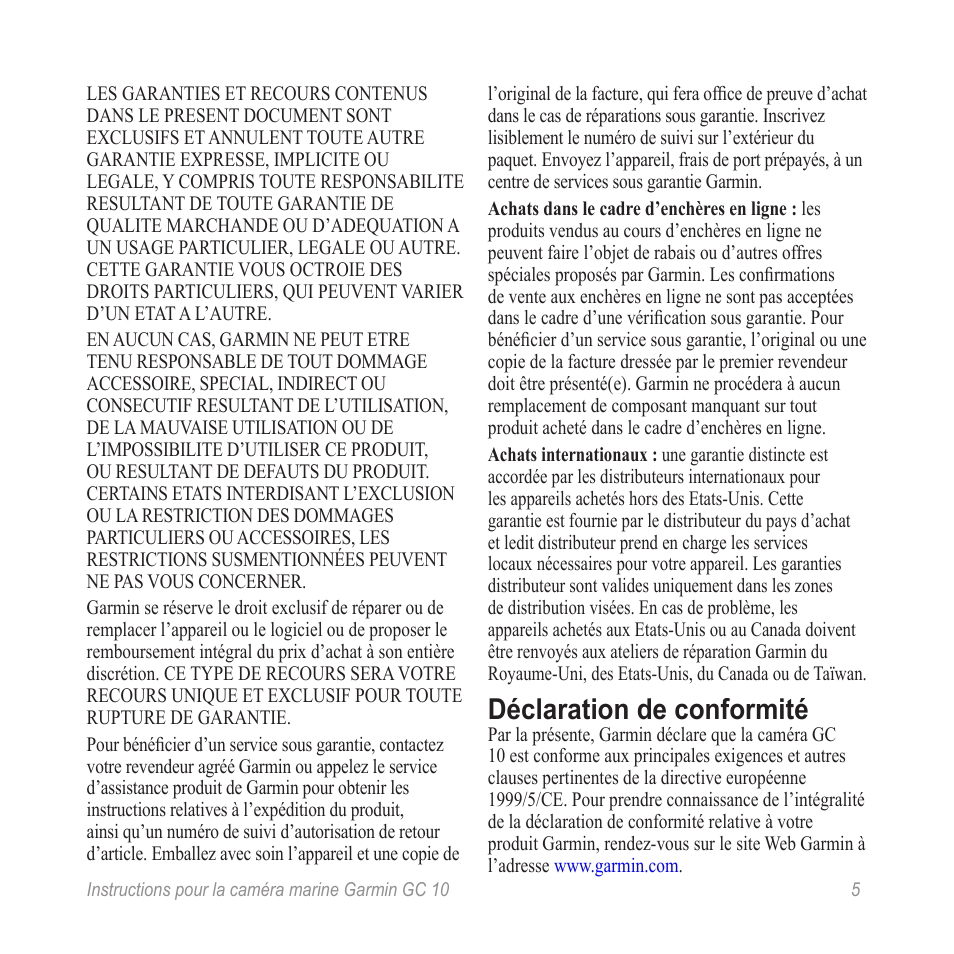 Déclaration de conformité | Garmin GC 10 User Manual | Page 7 / 20