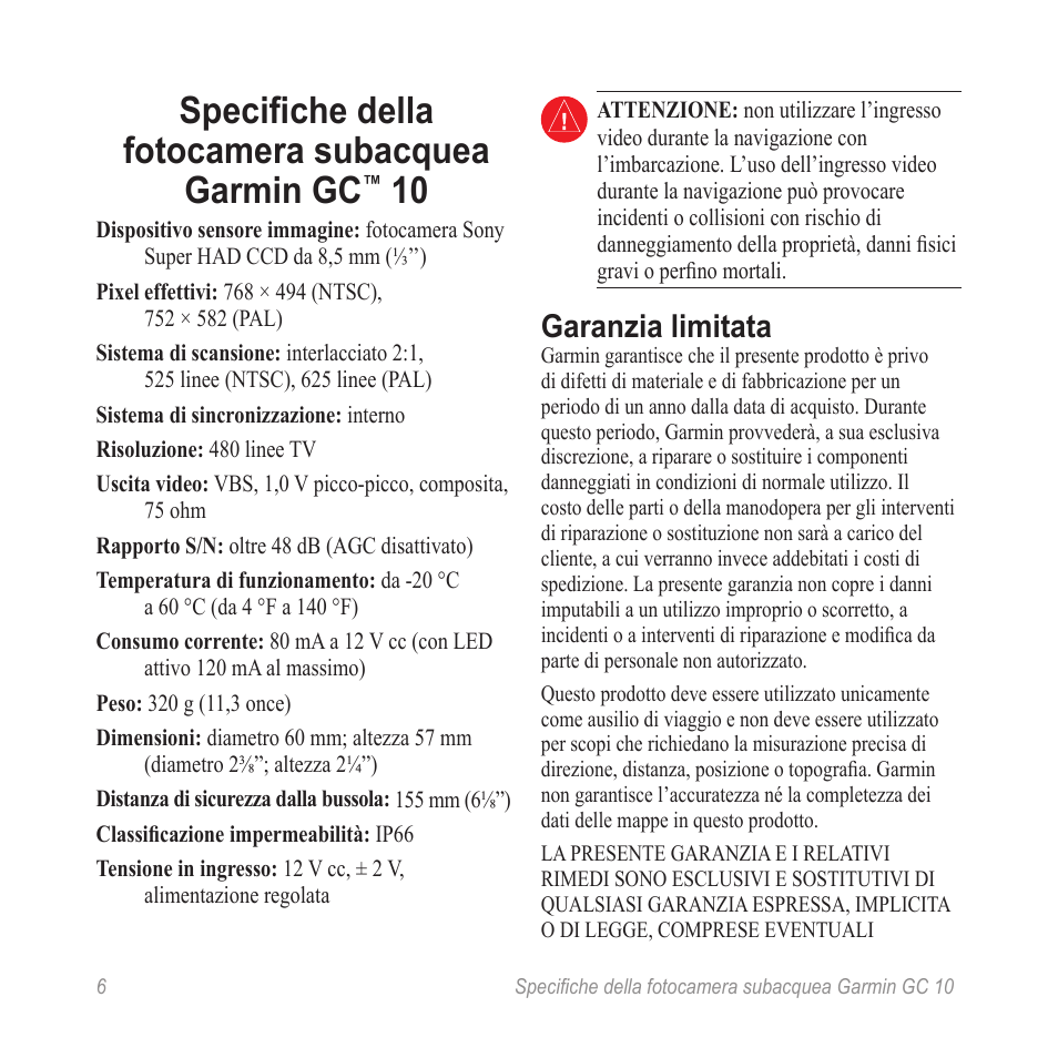 Specifiche della fotocamera subacquea garmin gc, Garanzia limitata | Garmin GC 10 User Manual | Page 8 / 20