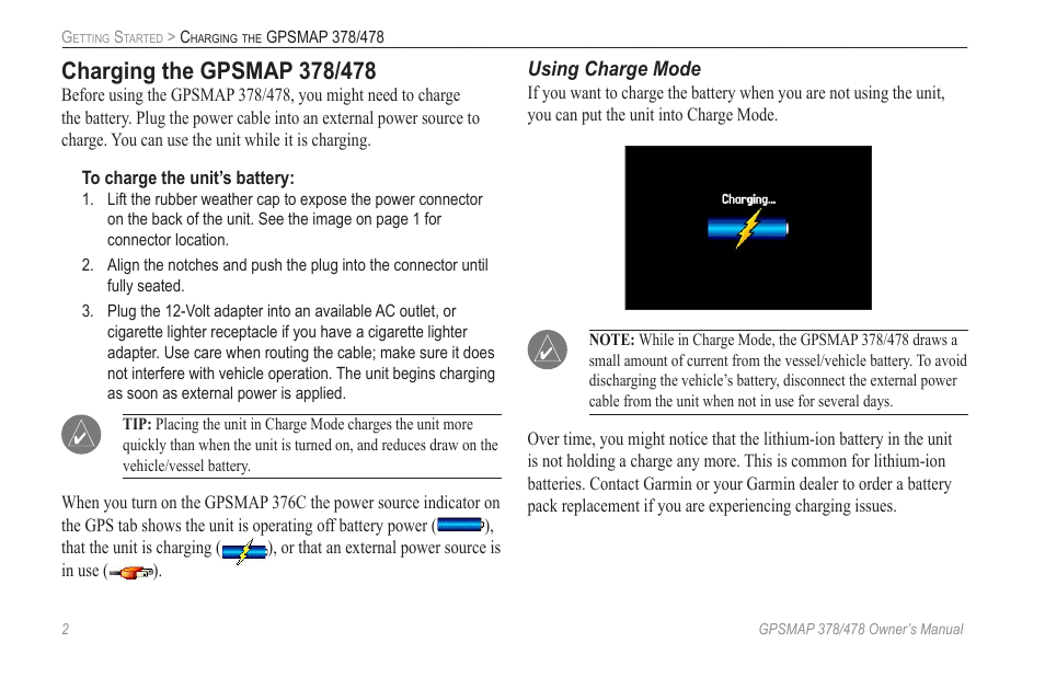 Charging the gpsmap 378/478 | Garmin GPSMAP 190-00683-00 User Manual | Page 10 / 152