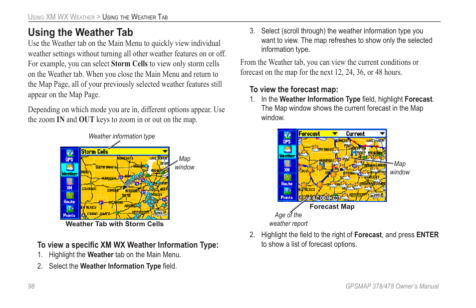 Using the weather tab | Garmin GPSMAP 190-00683-00 User Manual | Page 106 / 152