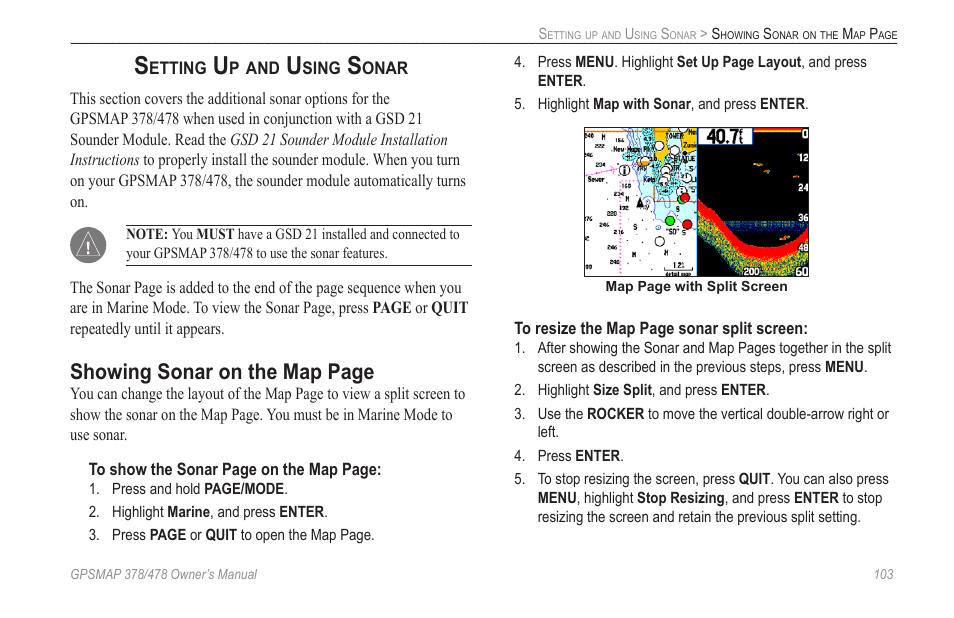 Setting up and using sonar, Section beginning on, Showing sonar on the map page | Garmin GPSMAP 190-00683-00 User Manual | Page 111 / 152