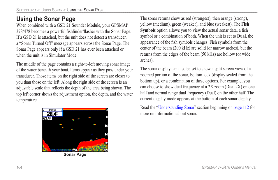 Using the sonar page | Garmin GPSMAP 190-00683-00 User Manual | Page 112 / 152