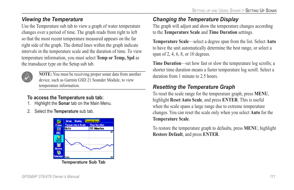 Viewing the temperature, Changing the temperature display, Resetting the temperature graph | Garmin GPSMAP 190-00683-00 User Manual | Page 119 / 152