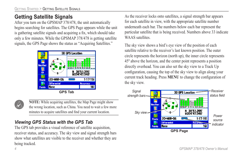 Getting satellite signals, Viewing gps status with the gps tab | Garmin GPSMAP 190-00683-00 User Manual | Page 12 / 152