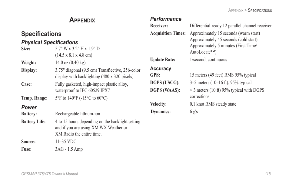 Appendix, Specifications | Garmin GPSMAP 190-00683-00 User Manual | Page 123 / 152
