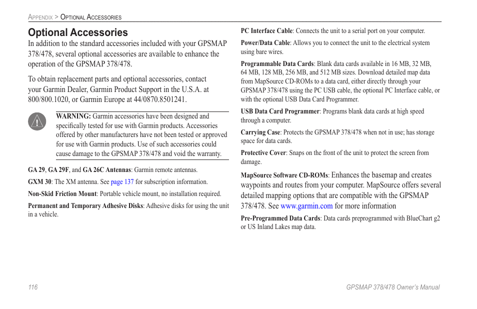 Optional accessories | Garmin GPSMAP 190-00683-00 User Manual | Page 124 / 152