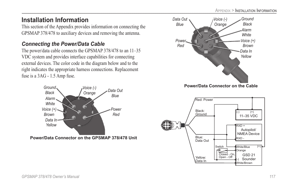 Installation information, Connecting the power/data cable | Garmin GPSMAP 190-00683-00 User Manual | Page 125 / 152