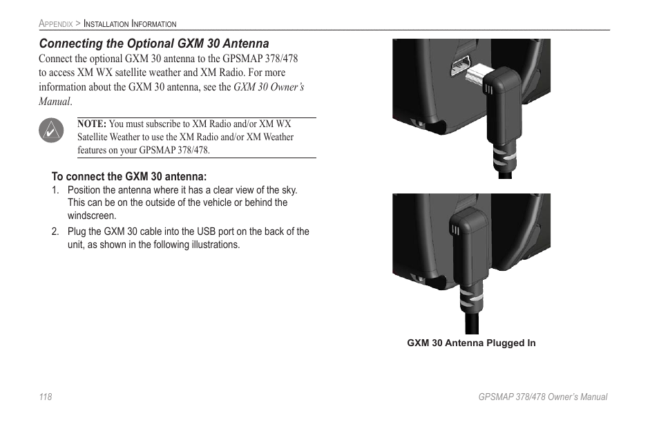 Connecting the optional gxm 30 antenna | Garmin GPSMAP 190-00683-00 User Manual | Page 126 / 152