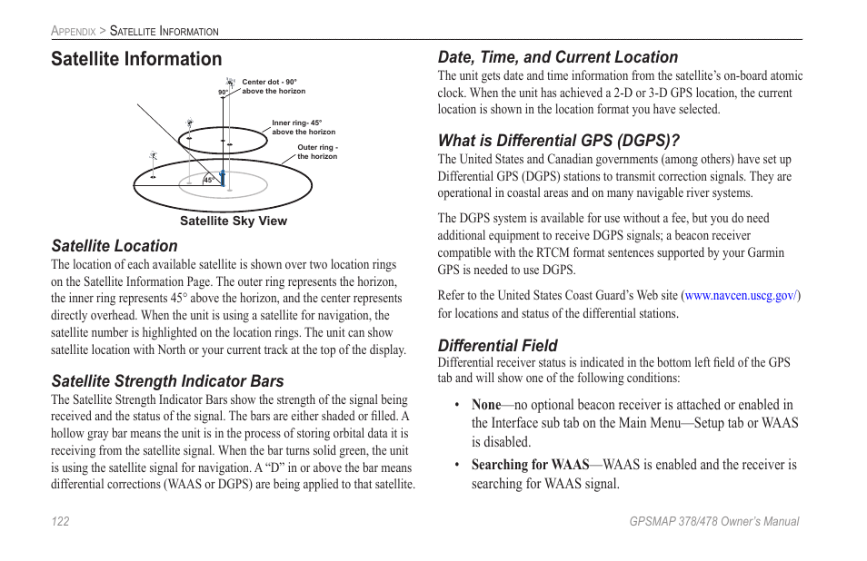 Satellite information, What is differential gps (dgps), Satellite location | Satellite strength indicator bars, Date, time, and current location, Differential field | Garmin GPSMAP 190-00683-00 User Manual | Page 130 / 152