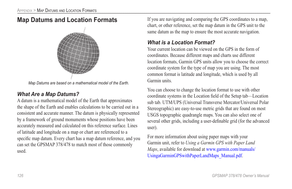 Map datums and location formats | Garmin GPSMAP 190-00683-00 User Manual | Page 134 / 152