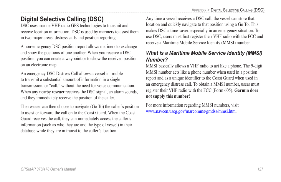 Digital selective calling (dsc), Appendix | Garmin GPSMAP 190-00683-00 User Manual | Page 135 / 152
