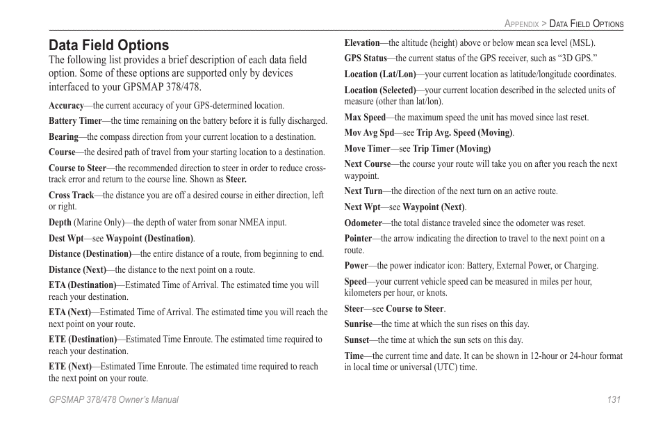 Data field options | Garmin GPSMAP 190-00683-00 User Manual | Page 139 / 152