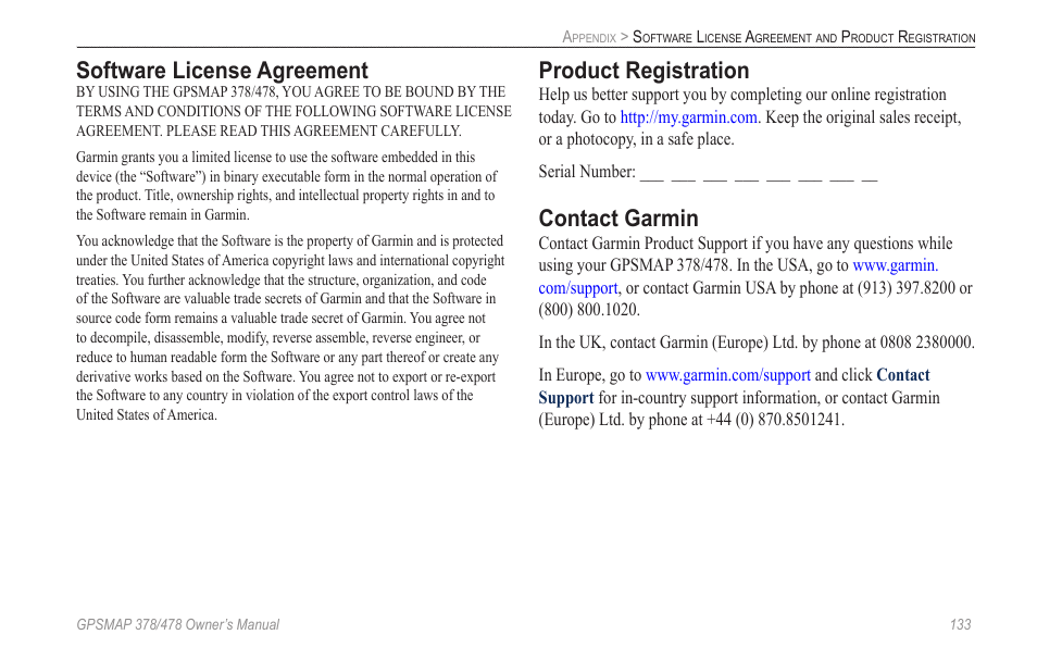 Software license agreement, Product registration, Contact garmin | Garmin GPSMAP 190-00683-00 User Manual | Page 141 / 152