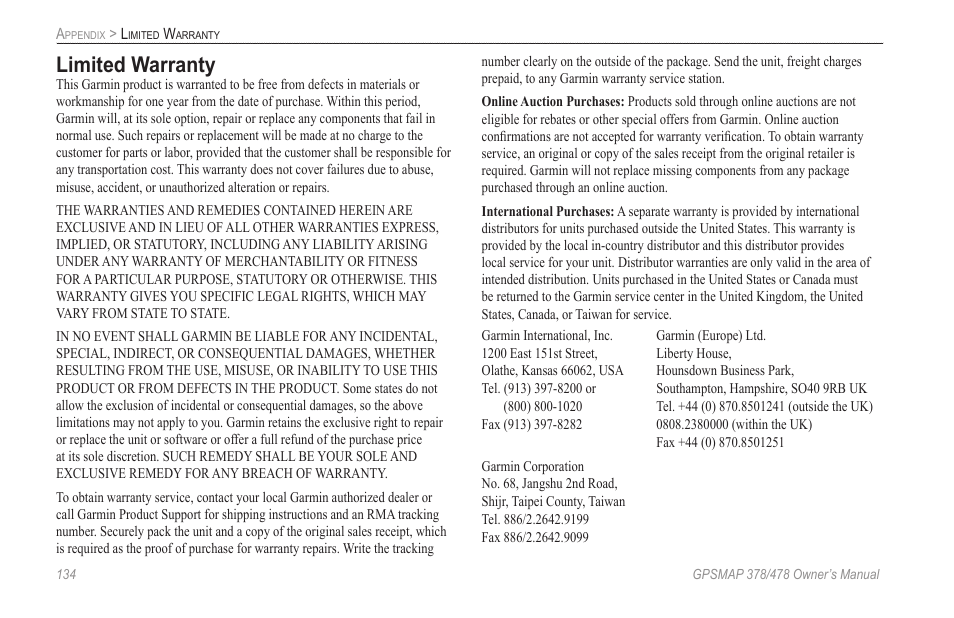 Limited warranty | Garmin GPSMAP 190-00683-00 User Manual | Page 142 / 152