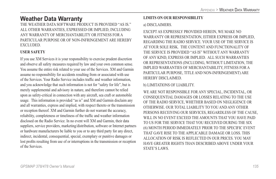 Weather data warranty | Garmin GPSMAP 190-00683-00 User Manual | Page 143 / 152