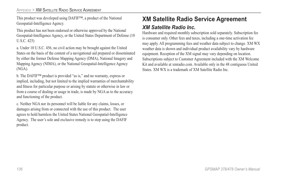 Xm satellite radio service agreement, Xm satellite radio inc | Garmin GPSMAP 190-00683-00 User Manual | Page 144 / 152