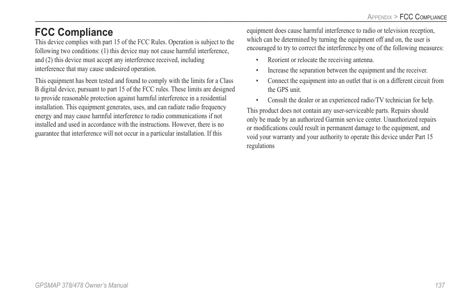 Fcc compliance | Garmin GPSMAP 190-00683-00 User Manual | Page 145 / 152