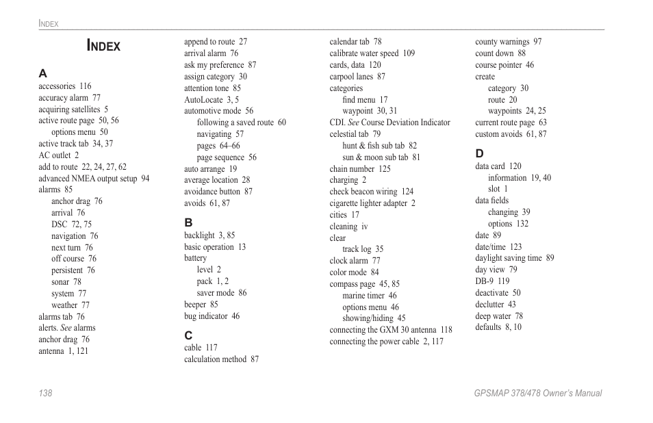 Index, Ndex | Garmin GPSMAP 190-00683-00 User Manual | Page 146 / 152