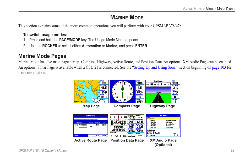 Marine mode, Marine mode pages | Garmin GPSMAP 190-00683-00 User Manual | Page 21 / 152