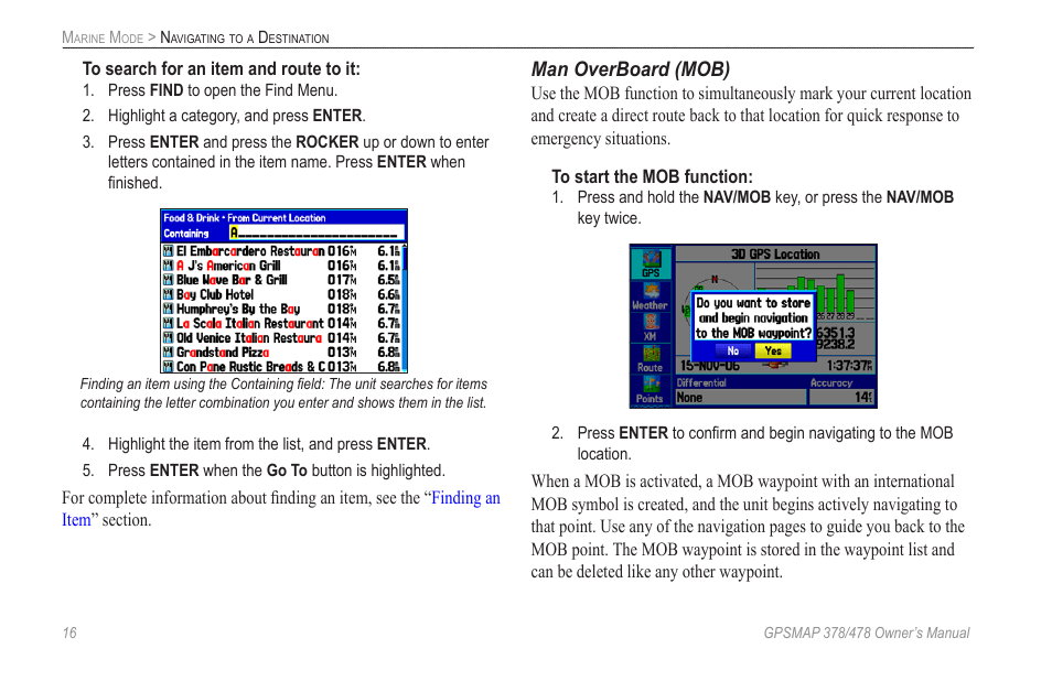 Man overboard (mob) | Garmin GPSMAP 190-00683-00 User Manual | Page 24 / 152