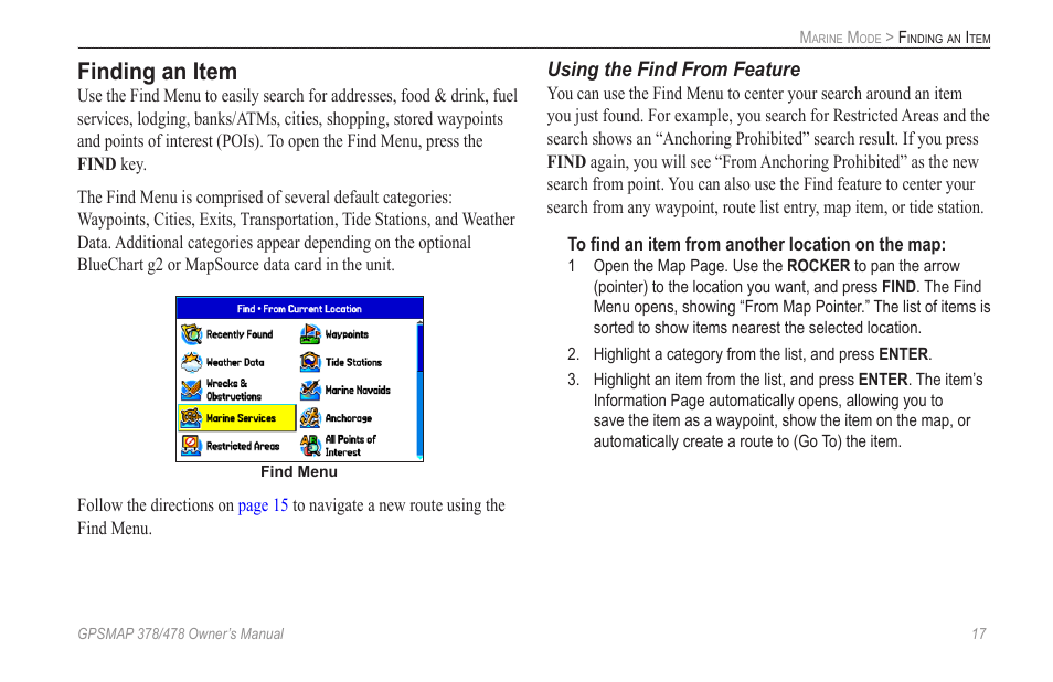 Finding an item, Finding an, Item | Garmin GPSMAP 190-00683-00 User Manual | Page 25 / 152